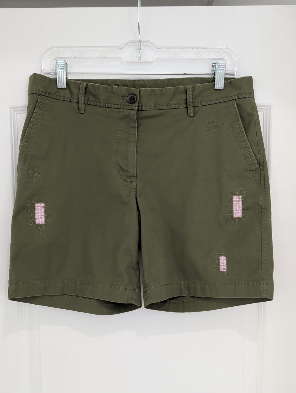 Talbots Olive Army Green Girlfriend Shorts Pink Gingham Patches Size 8